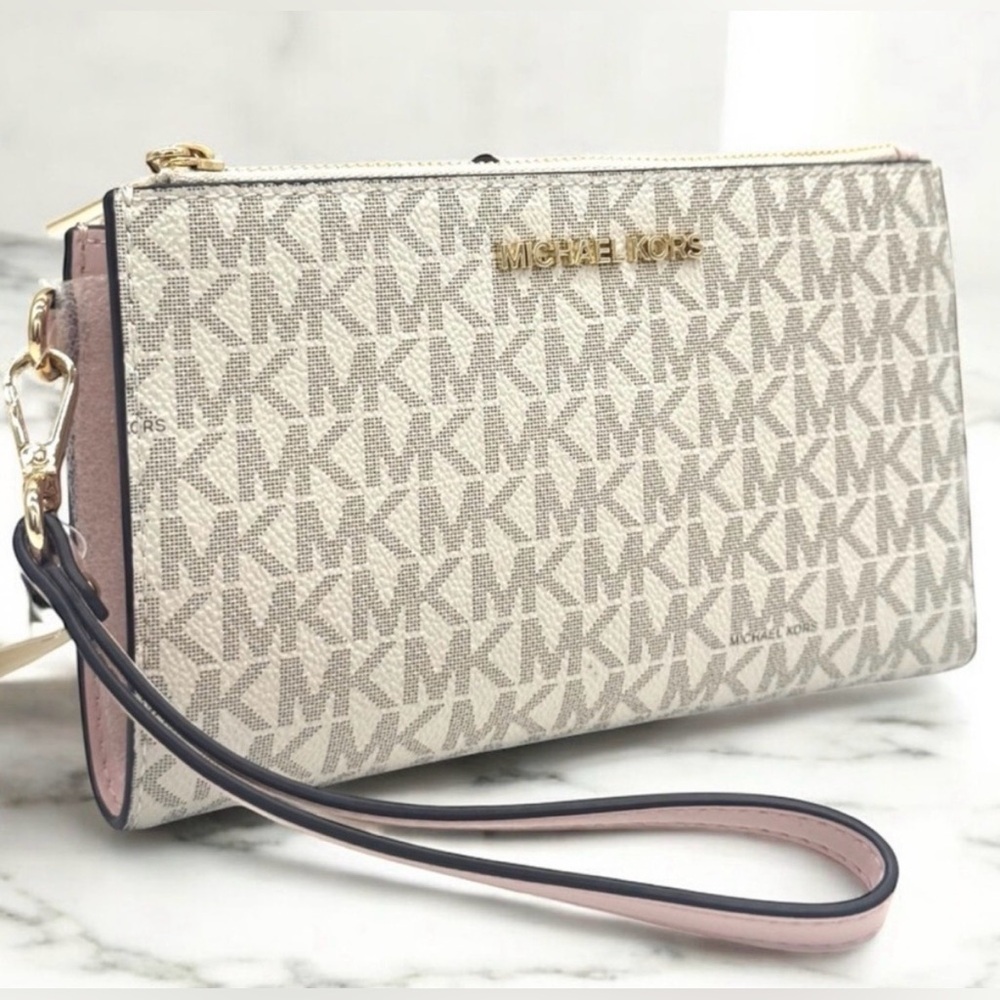Michael Kors Jet Set Double Zip Wristlet, Optic White/Soft Pink GUC